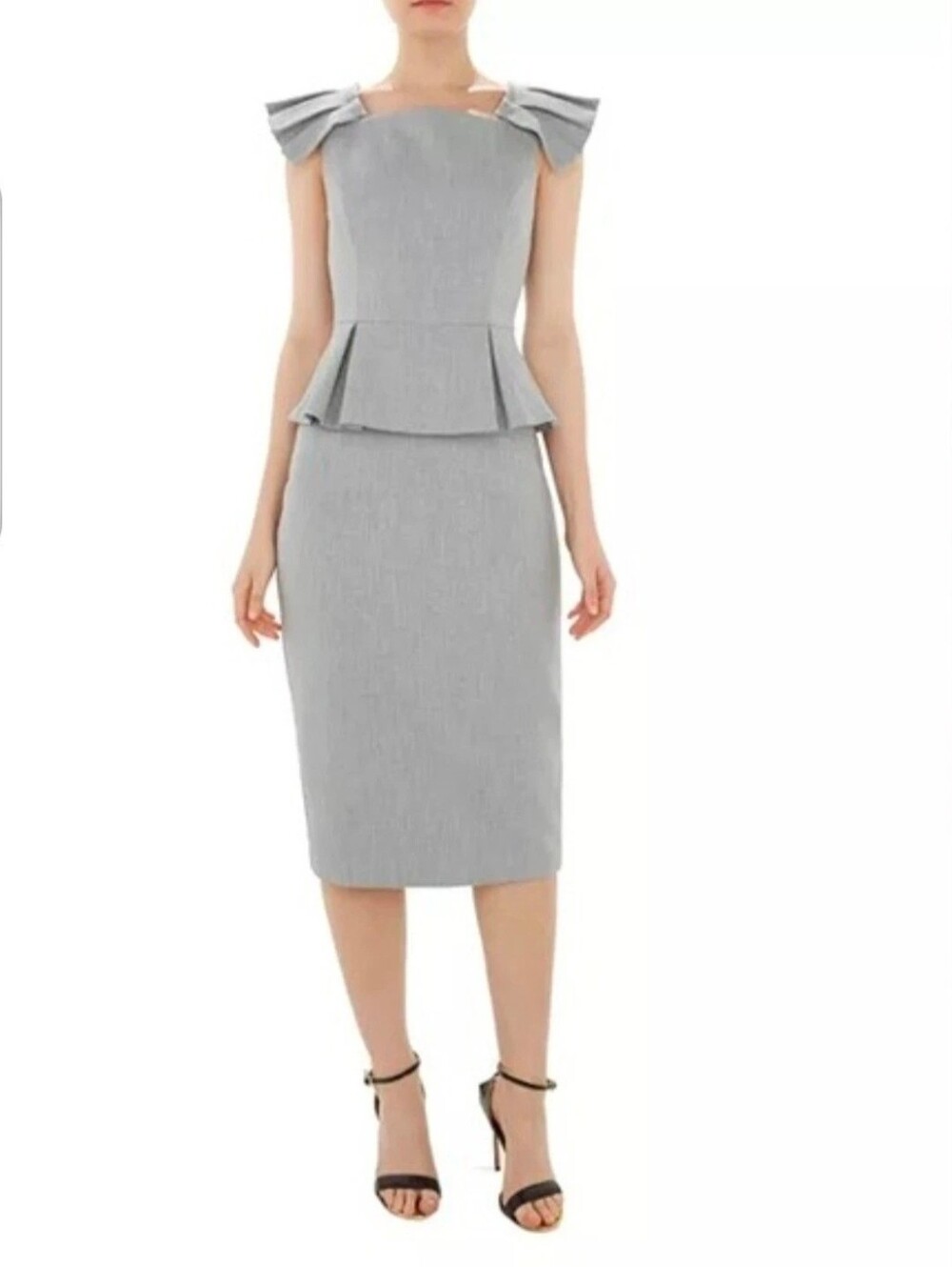 Ted Baker London "Daizid" Pleat Shoulder Peplum Dress Mid-Grey Heathered Sz US 4